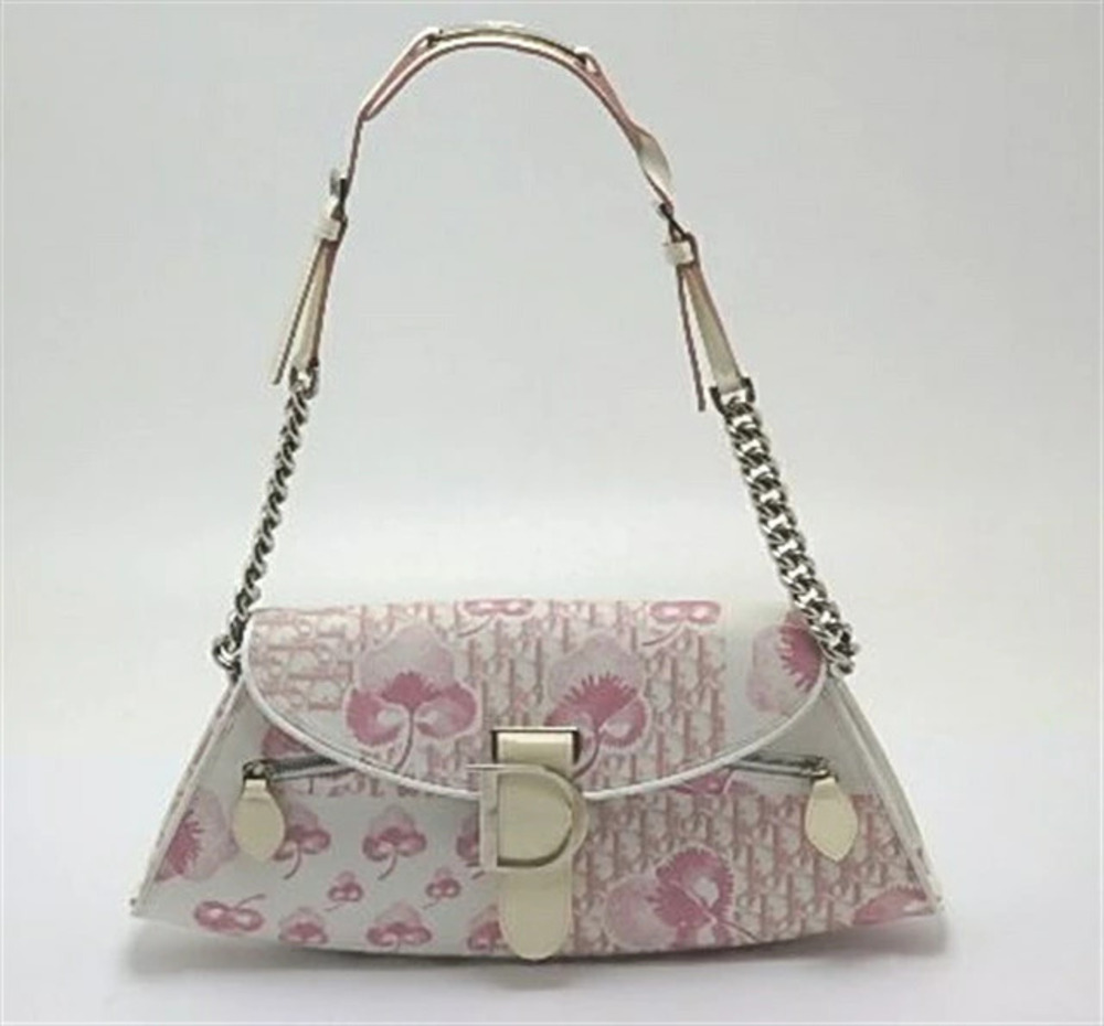 Dior Bag Chain Canvas Trotter  White Pink Shoulder Christian White Pink